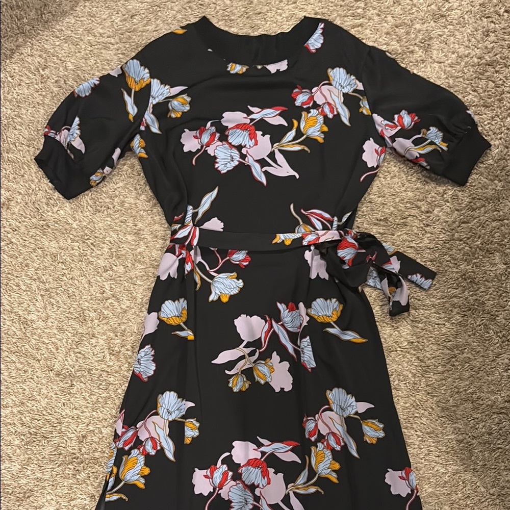 Who What Wear Black and Pink Fit and Flare Dress with Puff Sleeves